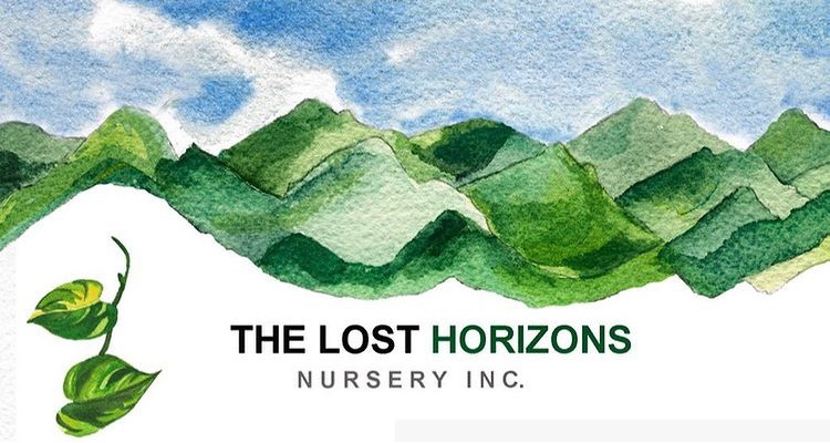 The Lost Horizons Nursery Inc., watercolor emblem of green mountains and a trailing pothos vine